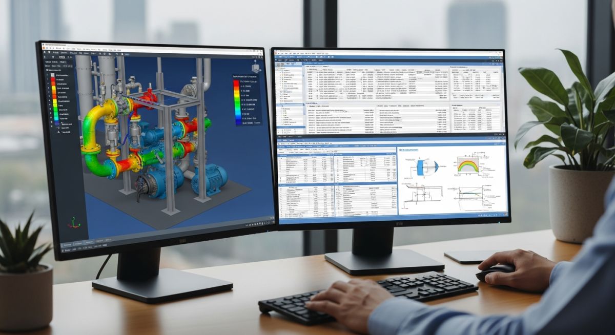 Engineer analyzing a 3D piping system model using Caesar II software on dual monitors.