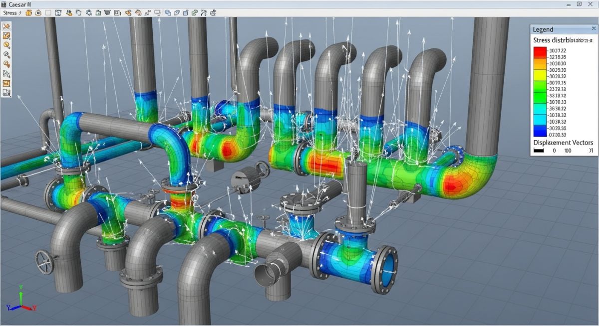 3D Caesar II piping model showing dynamic time history analysis stress results