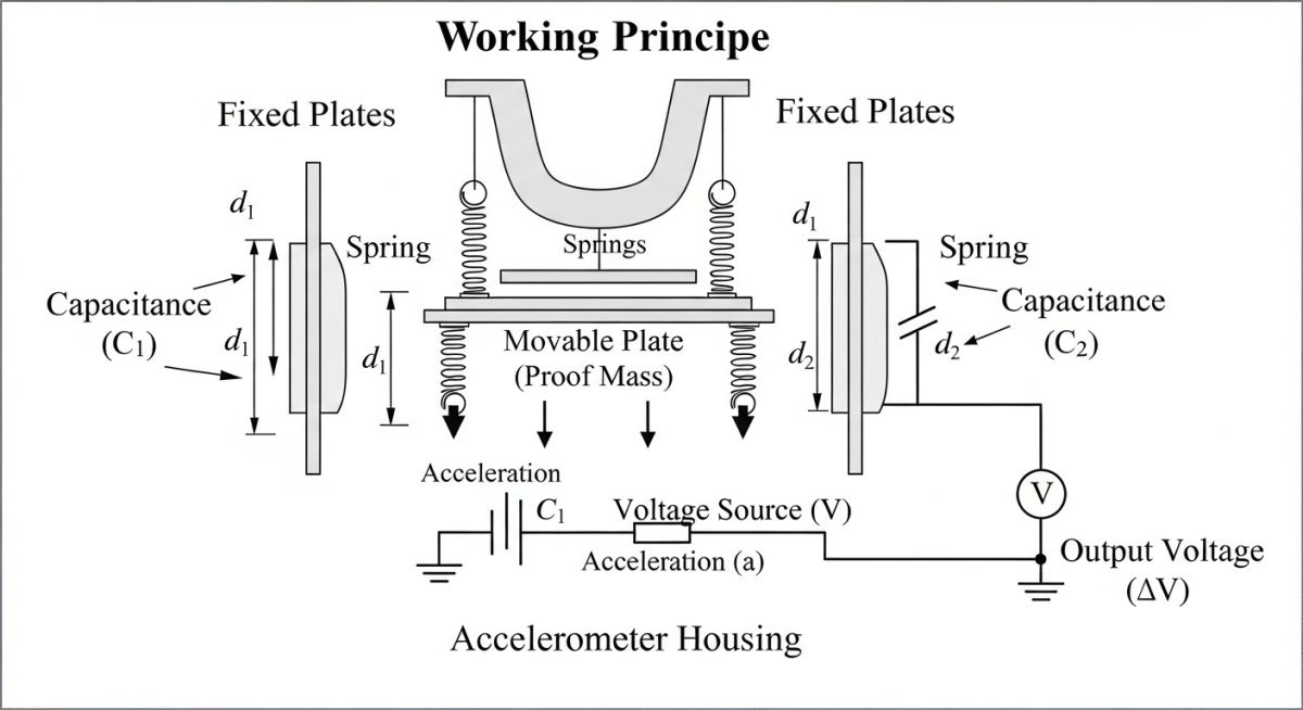 Capacitive accelerometer working principle diagram showing proof mass and differential capacitance
