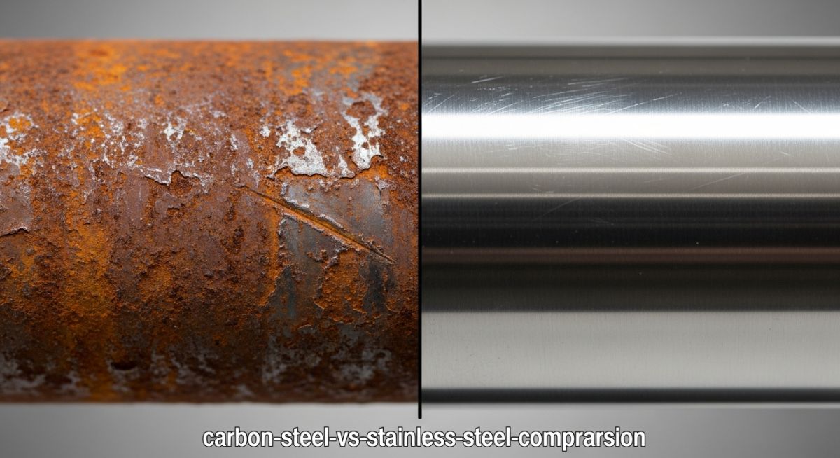 Carbon steel vs stainless steel pipes showing corrosion and polished surface comparison