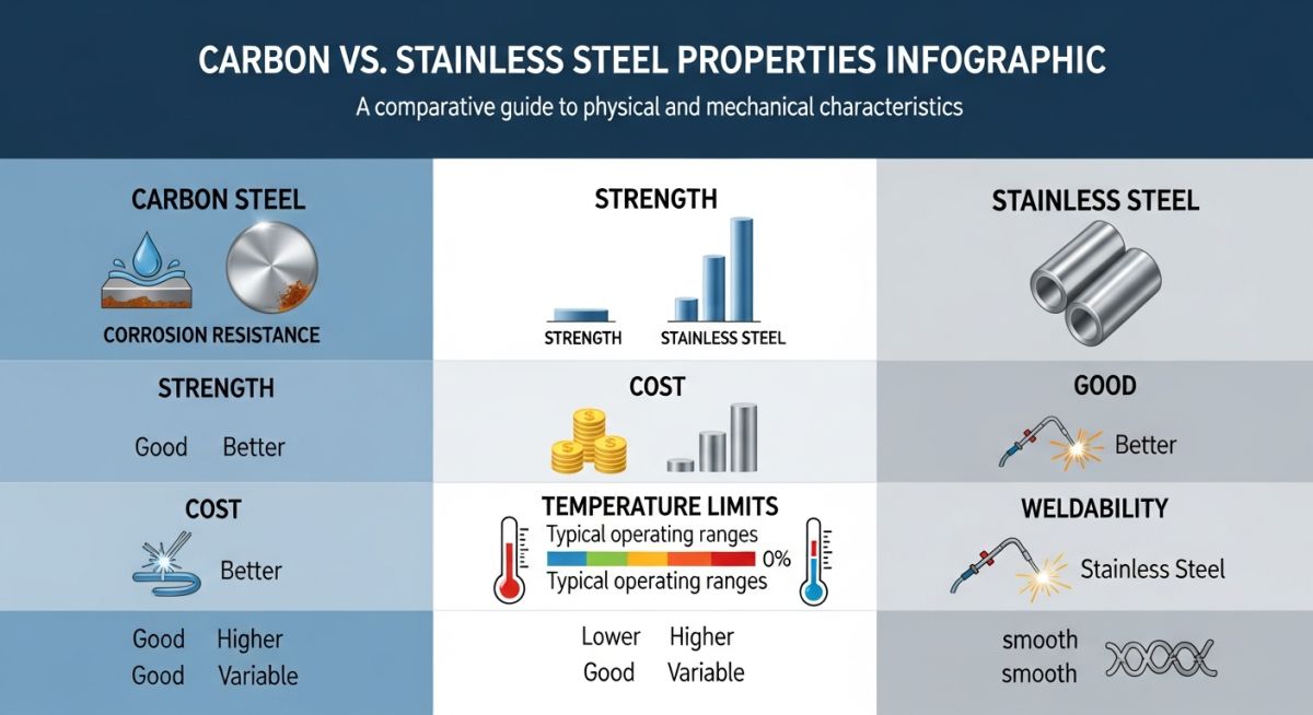 Engineering infographic comparing carbon steel and stainless steel properties