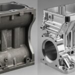 Side-by-side comparison of a textured cast iron engine block and a smooth cast steel industrial valve.