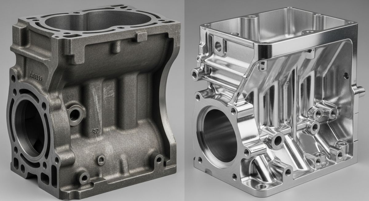 Side-by-side comparison of a textured cast iron engine block and a smooth cast steel industrial valve.