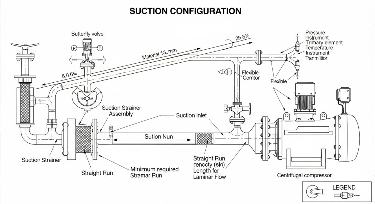 Centrifugal compressor suction piping layout showing straight run and strainer details