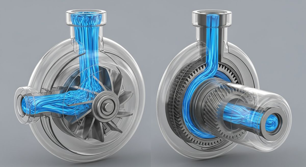 Side-by-side 3D render of a centrifugal pump and a positive displacement gear pump showing internal components.