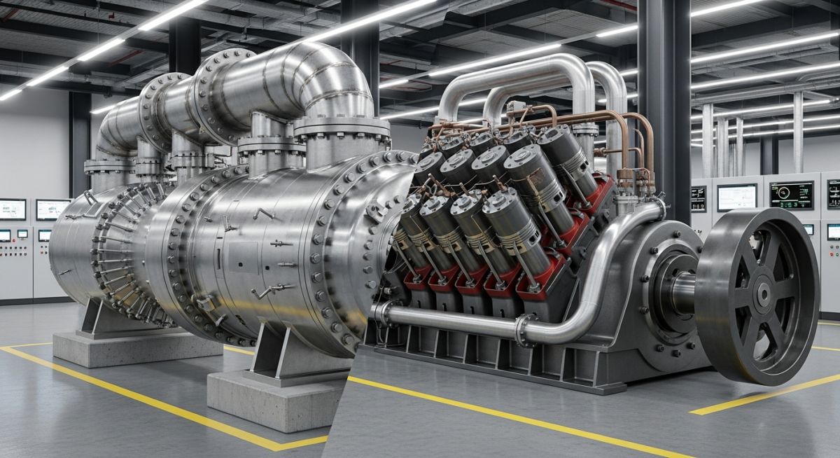Side-by-side comparison of an industrial centrifugal compressor and a reciprocating compressor in a plant.