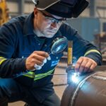 A certified welding inspector conducting a visual inspection of a steel weld joint.