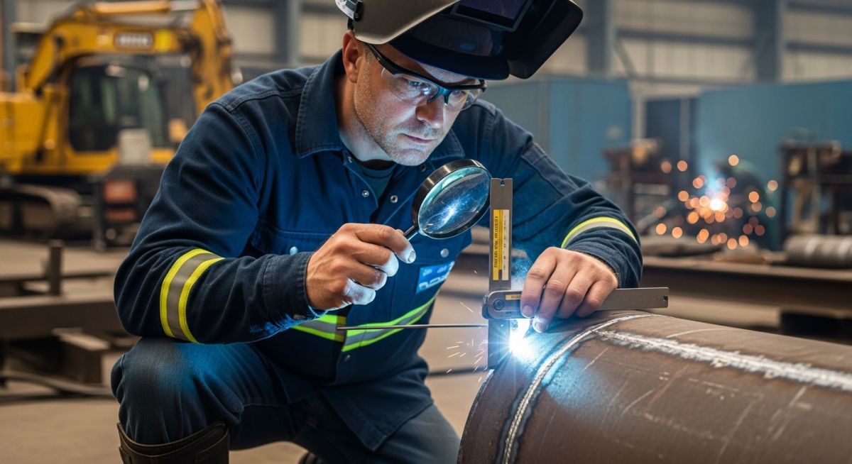 A certified welding inspector conducting a visual inspection of a steel weld joint.
