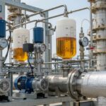 Chemical injection system administering corrosion inhibitors to a steel pipeline in an oil and gas facility.