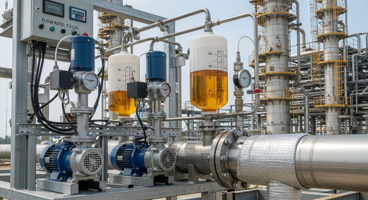 Chemical injection system administering corrosion inhibitors to a steel pipeline in an oil and gas facility.