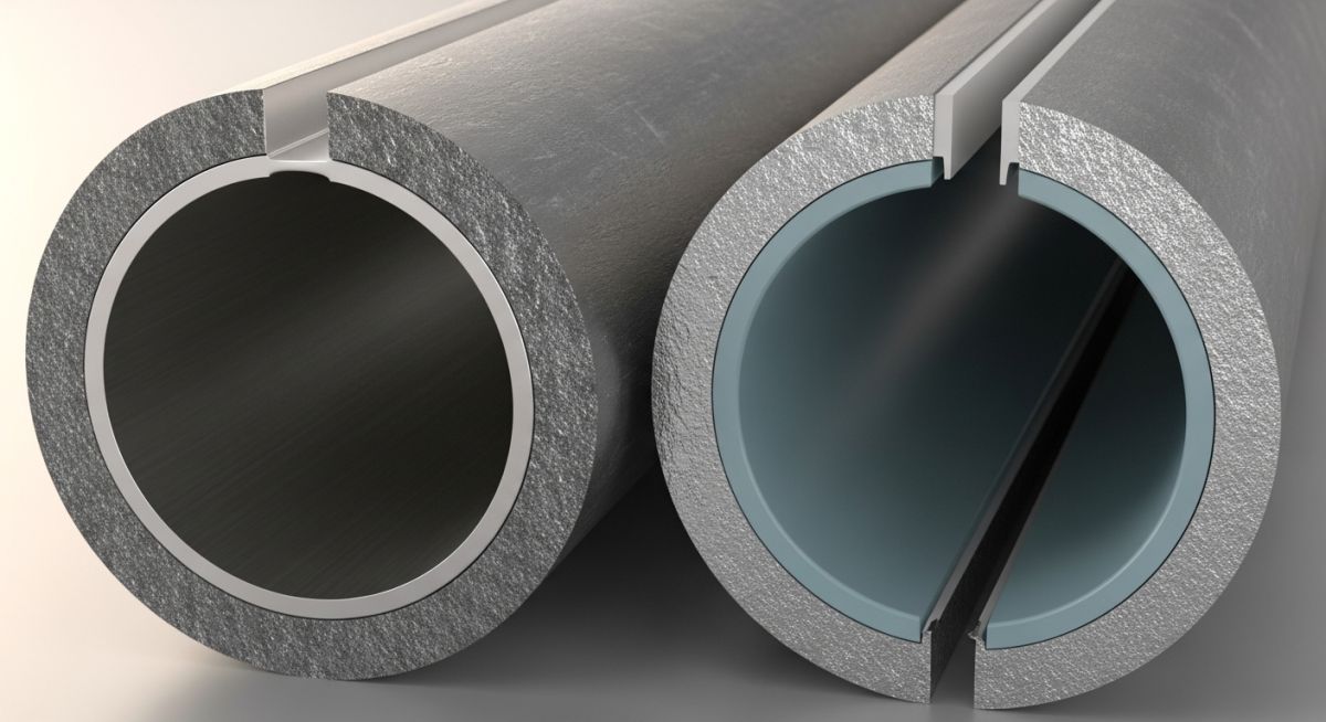 Cross-section comparison of a metallurgically bonded clad pipe and a mechanically bonded lined pipe.