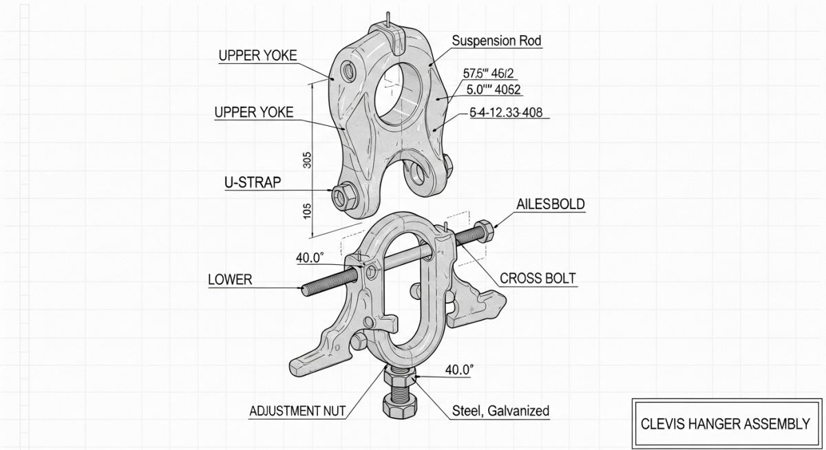 Technical diagram of a clevis hanger showing yoke, strap, cross bolt, and adjustment nut