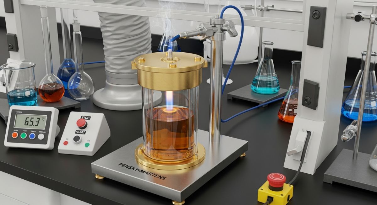 Laboratory apparatus performing a closed cup flash point test on a chemical sample.