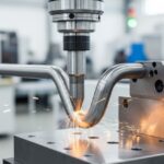 CNC rotary draw tube bending machine shaping a stainless steel pipe in a manufacturing facility.