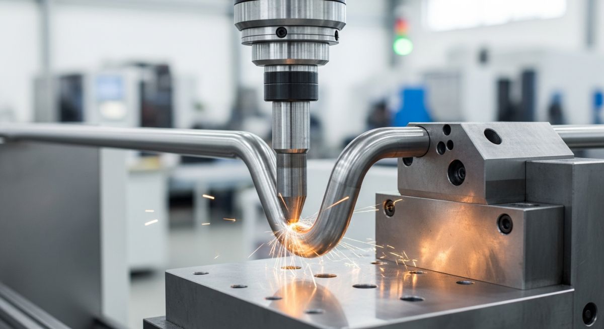 CNC rotary draw tube bending machine shaping a stainless steel pipe in a manufacturing facility.