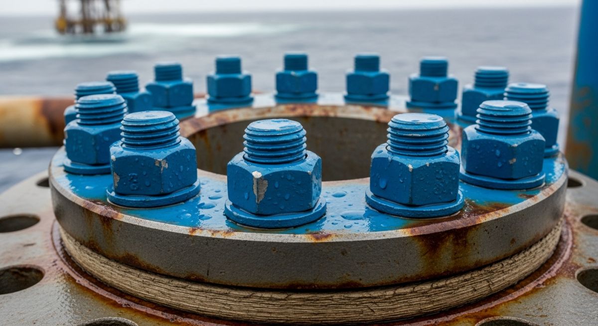 Coated industrial bolts on an offshore pipeline flange showing corrosion protection.