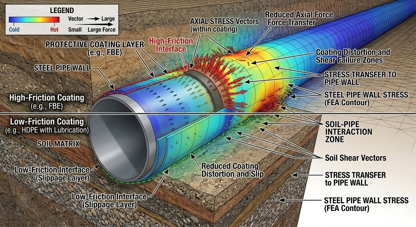 Technical infographic showing how coating factor influences soil spring stiffness and virtual anchor length