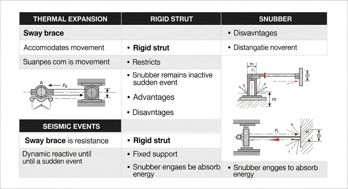Comparison chart of sway brace, rigid strut, and dynamic snubber performance characteristics