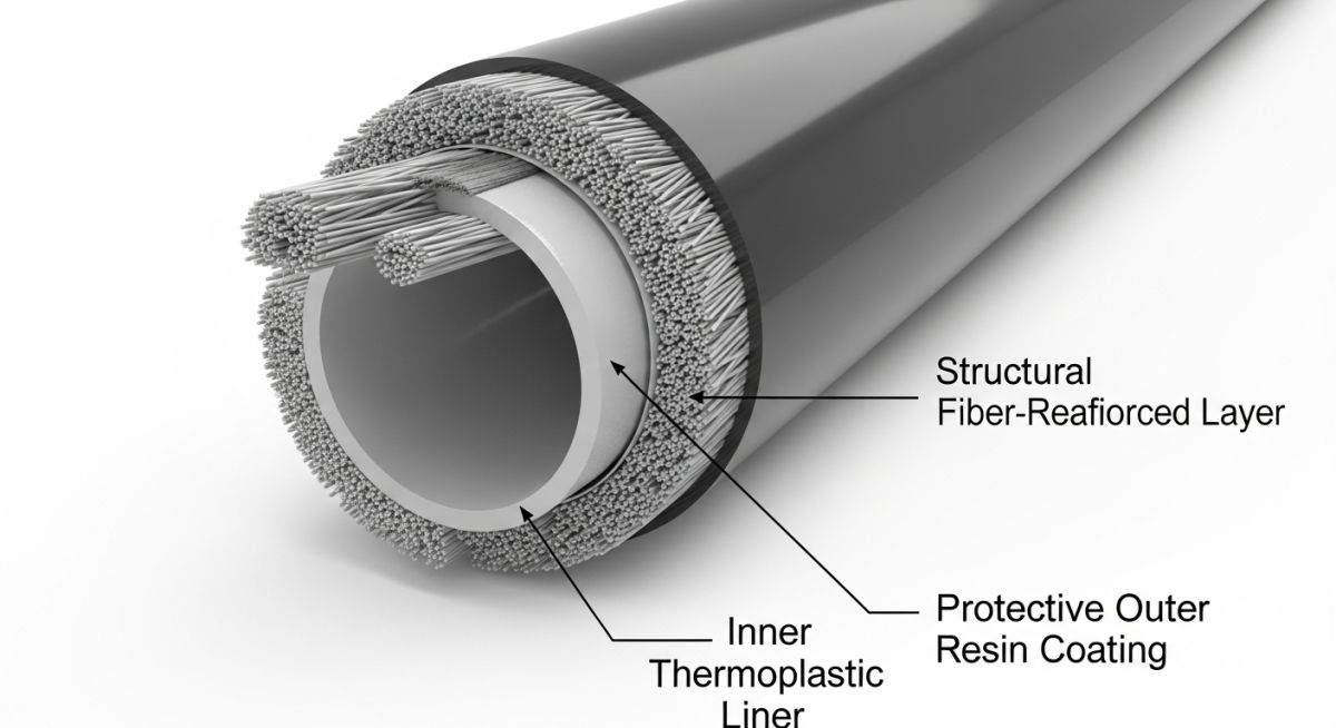 Cross-section diagram of a composite pipe showing structural, barrier, and liner layers