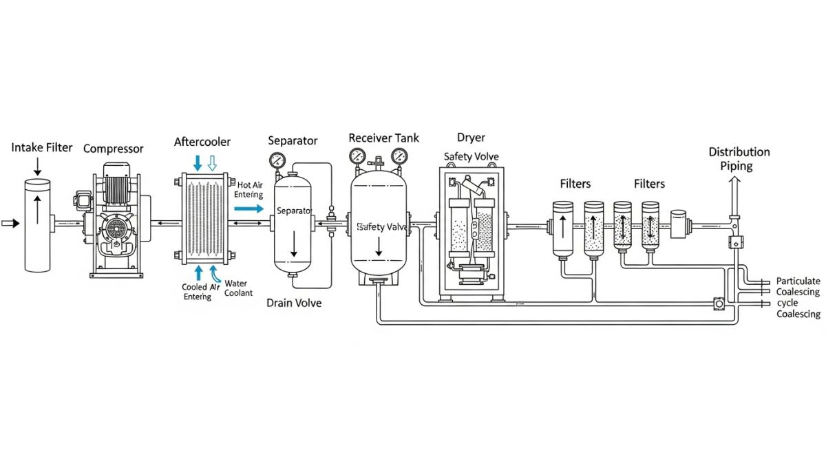 Compressed air system schematic diagram showing compressor, wet receiver, dryer, filters, and dry receiver