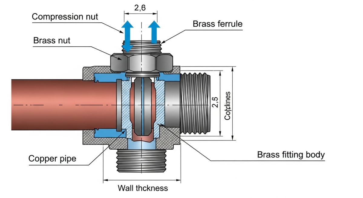 Technical diagram showing the forces, angles, and deformation zones of a double-ferrule compression fitting