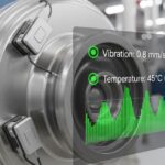 Industrial machinery fitted with smart sensors displaying real-time condition-based maintenance data on a digital overlay.