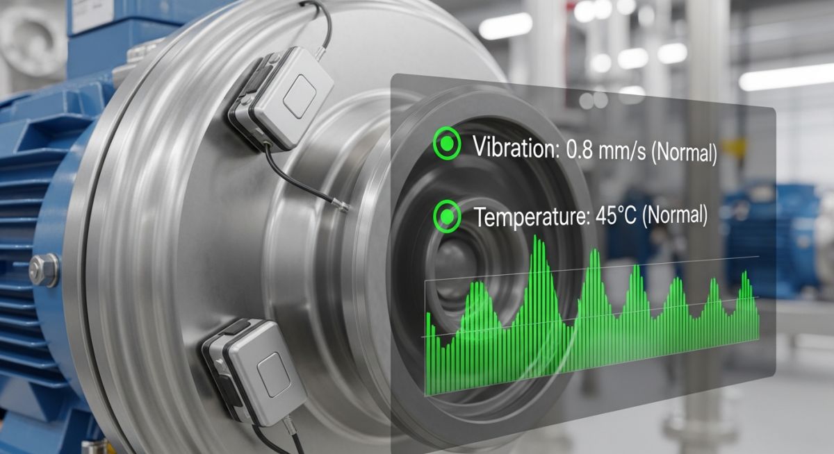 Industrial machinery fitted with smart sensors displaying real-time condition-based maintenance data on a digital overlay.