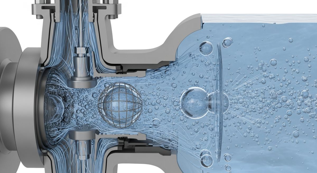 Cross-section diagram of a control valve showing cavitation bubbles and flashing liquid.