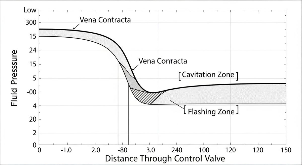 Control valve pressure profile graph showing vena contracta