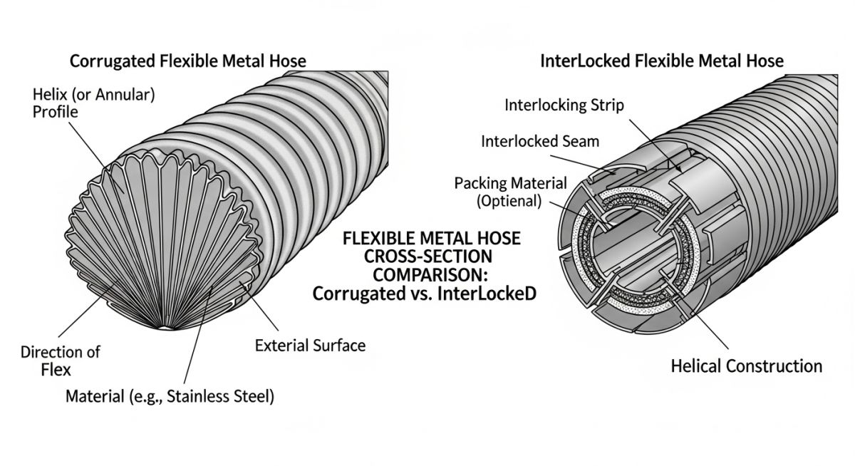 Comparison diagram of corrugated versus interlocked flexible metal hose profiles