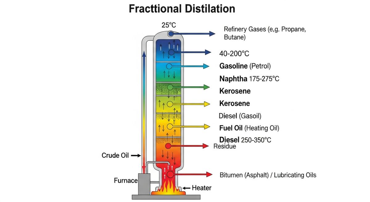 Crude oil fractional distillation process flow diagram