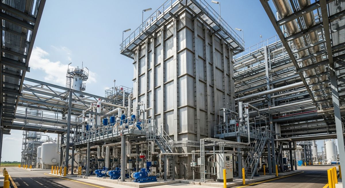 Towering steel cold box structure at an industrial cryogenic air separation unit.