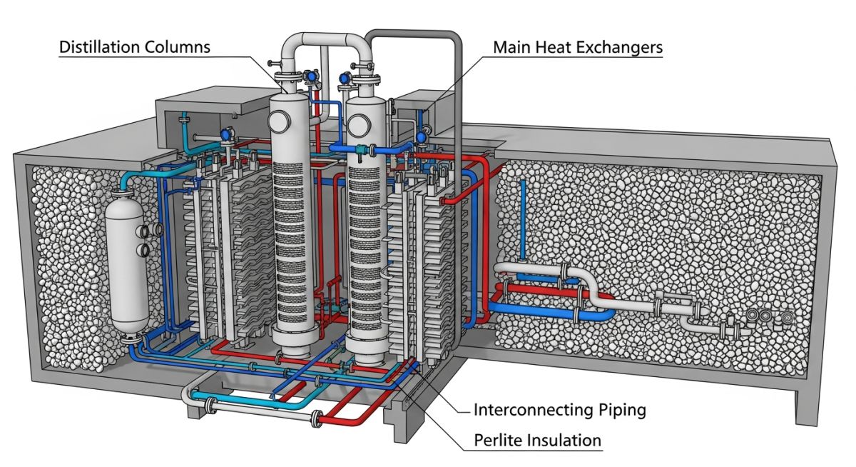 Internal components and piping layout of a cryogenic cold box