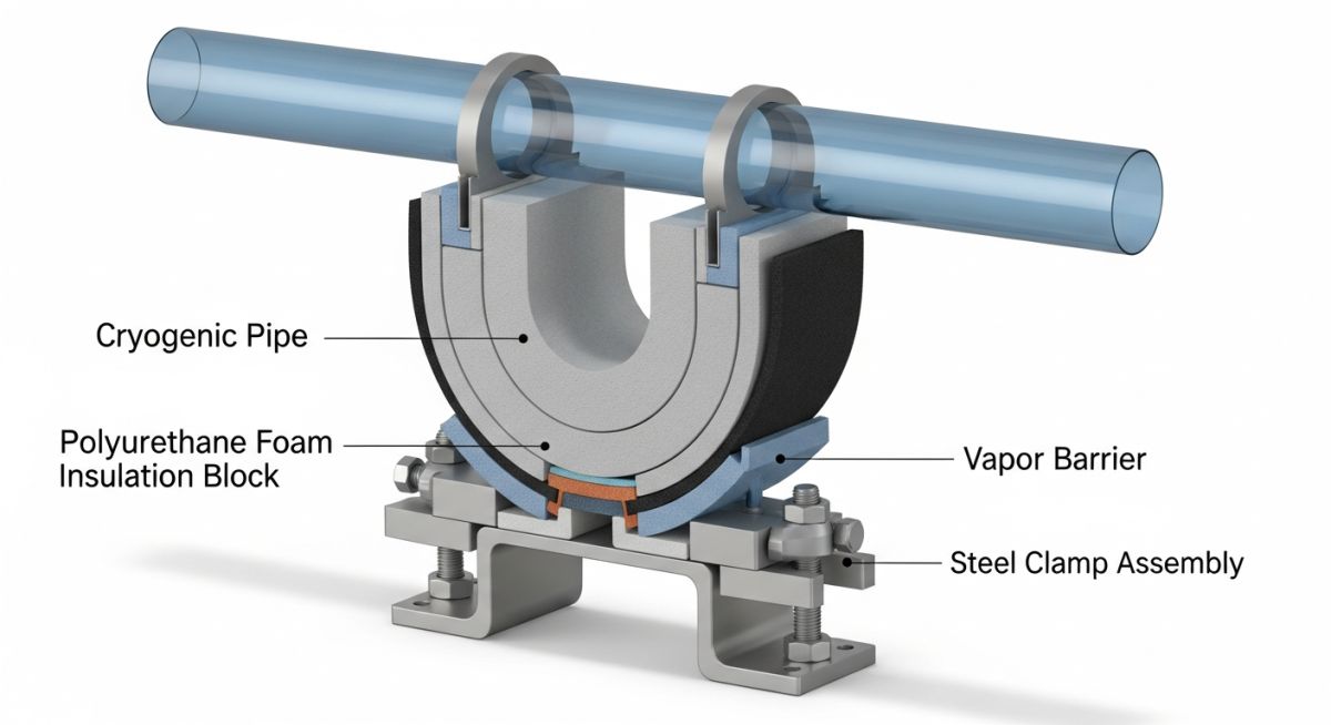 Cryogenic pipe support diagram showing cold shoe insulation block