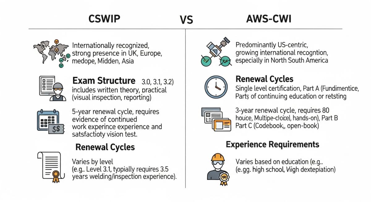 CSWIP vs AWS-CWI comparison infographic detailing exam structure and global recognition