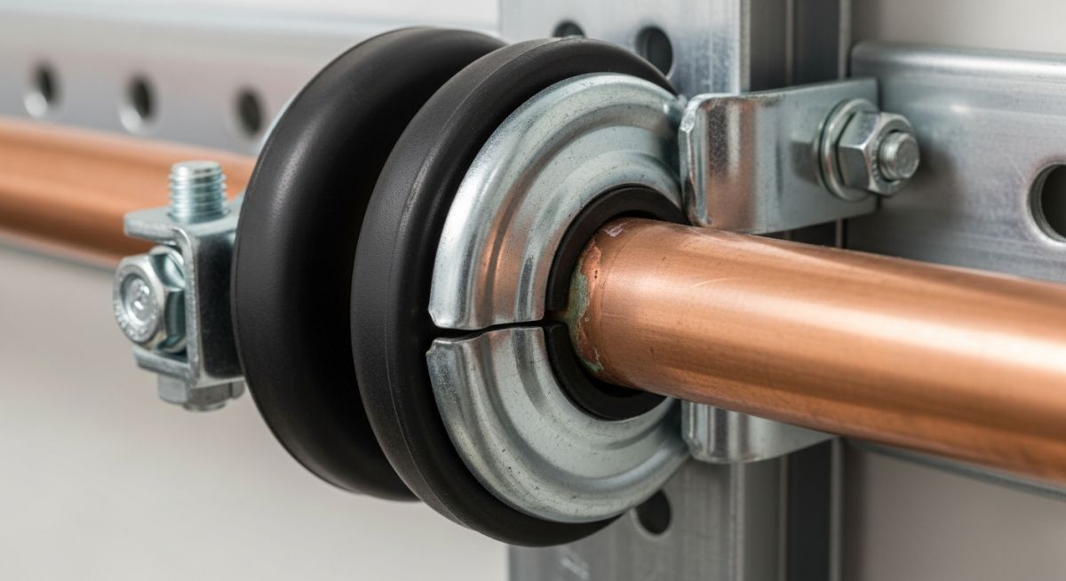 Cushioned pipe clamp installation details showing vibration isolation