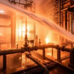 Deluge valve system in action in industrial fire protection setup