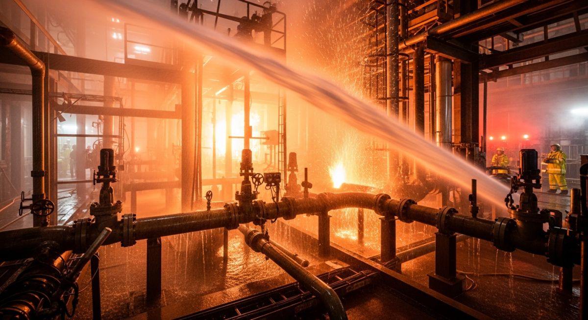 Deluge valve system in action in industrial fire protection setup