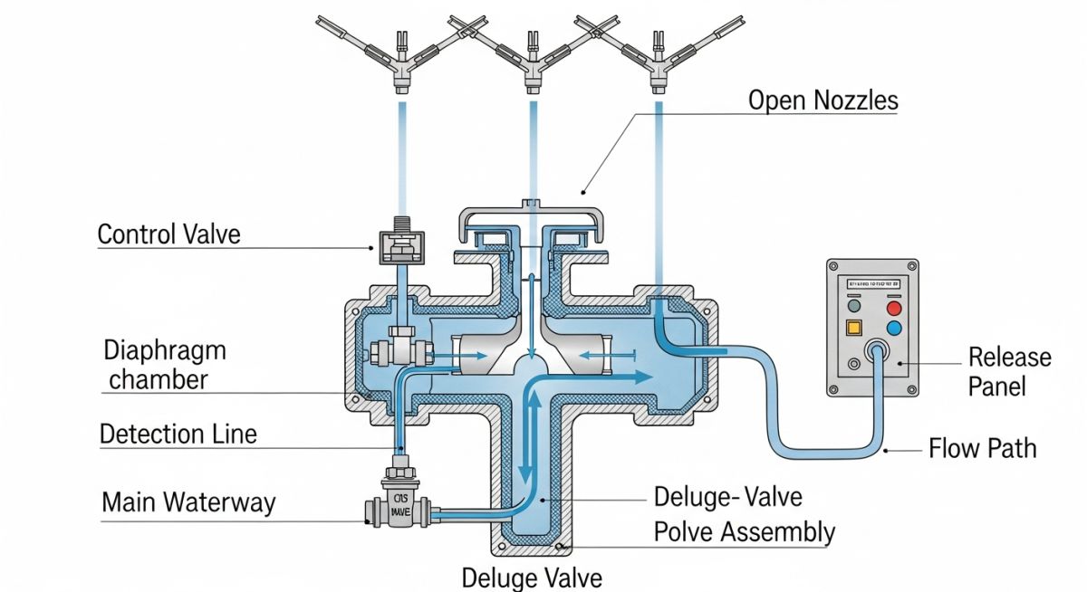 Deluge valve working principle diagram with components labeled