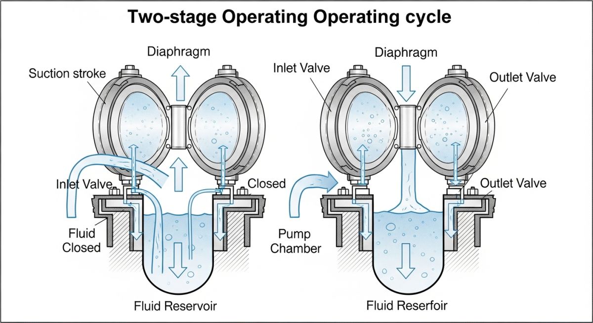 Diaphragm pump working principle diagram showing suction and discharge strokes with check valve positions