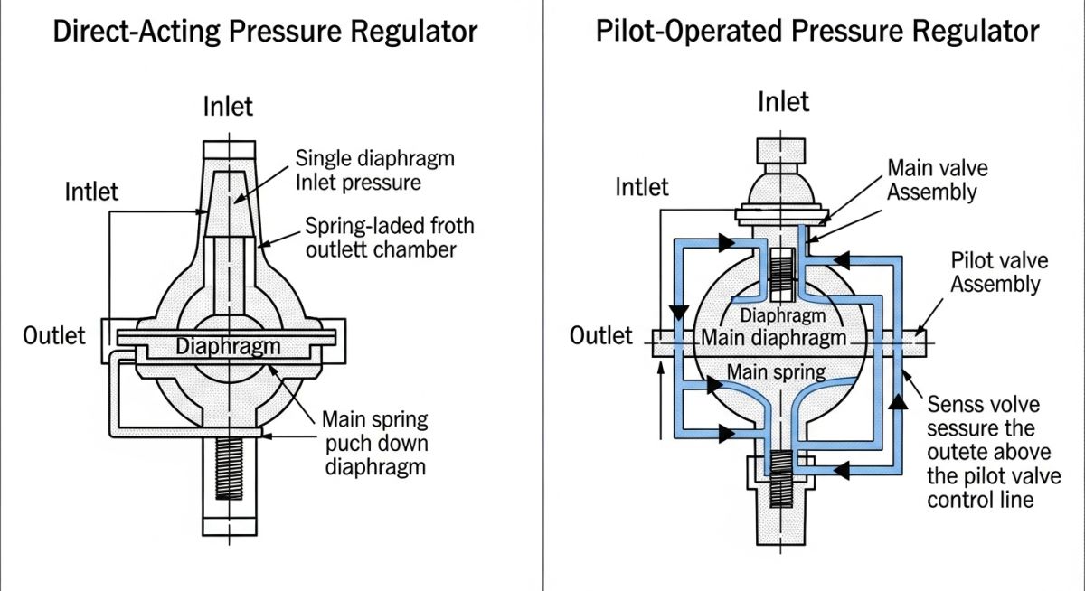 Comparison diagram of direct-acting versus pilot-operated pressure regulators showing diaphragm and pilot loading mechanisms