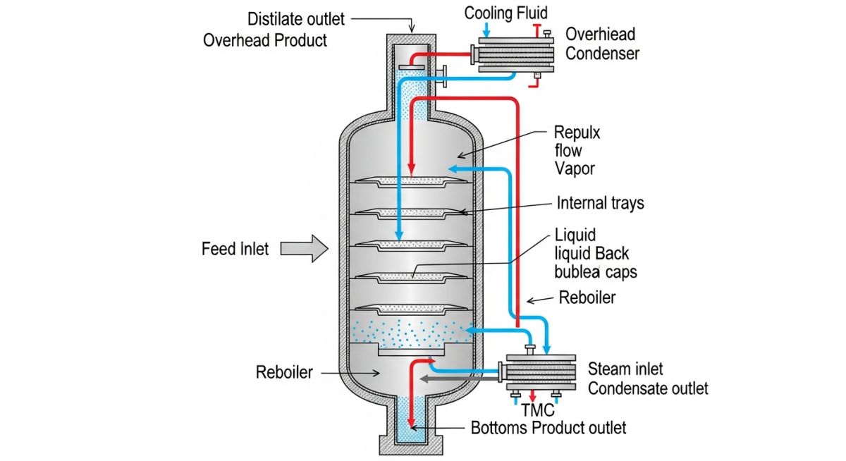 Distillation column working diagram showing trays, condenser, and reboiler