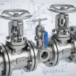 A 3D render of an industrial Double Block and Bleed valve installed on a pipeline.