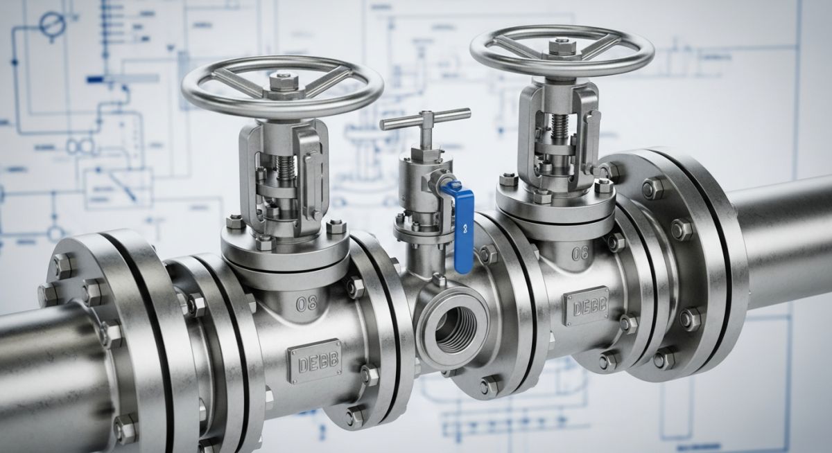 A 3D render of an industrial Double Block and Bleed valve installed on a pipeline.