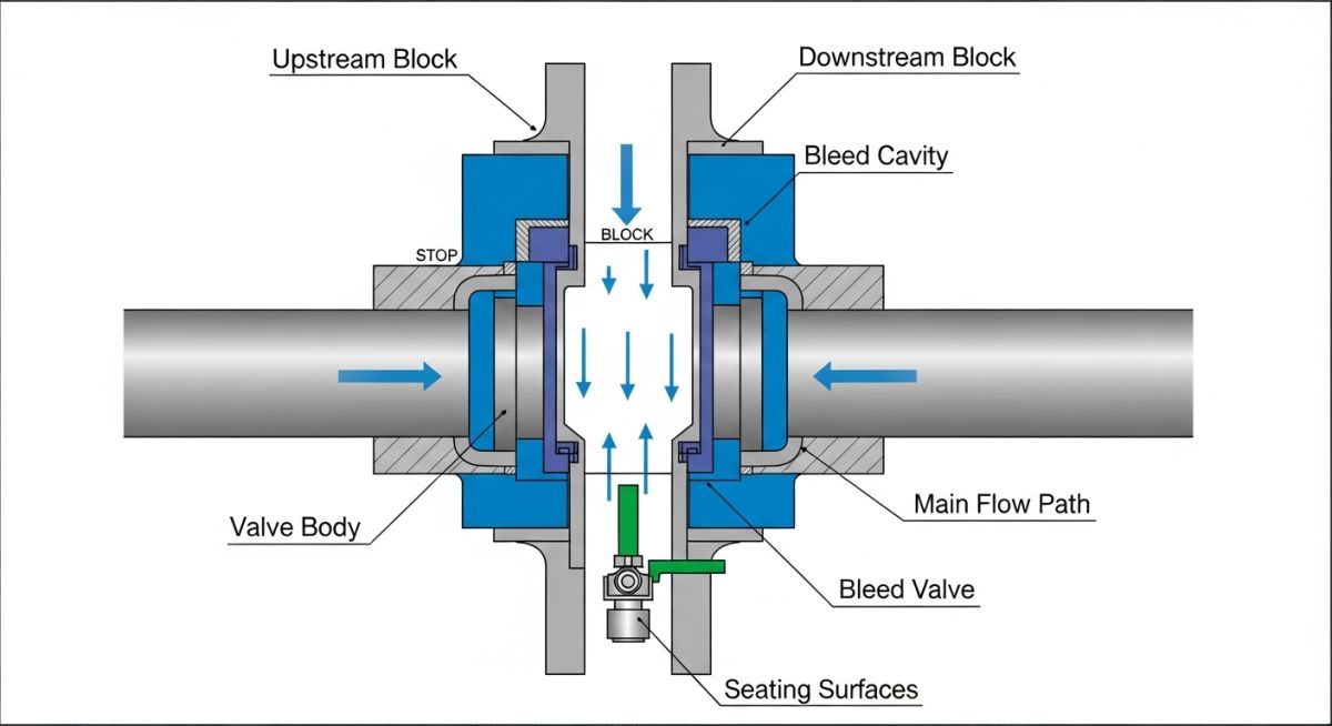 Technical diagram showing the working principle of a double block and bleed valve with dual seals and a bleed port