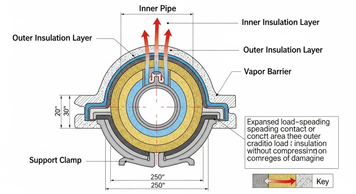 Cross-section diagram of a dual insulated pipe support showing carrier pipe, inner insulation, jacket, outer insulation, and support shoe