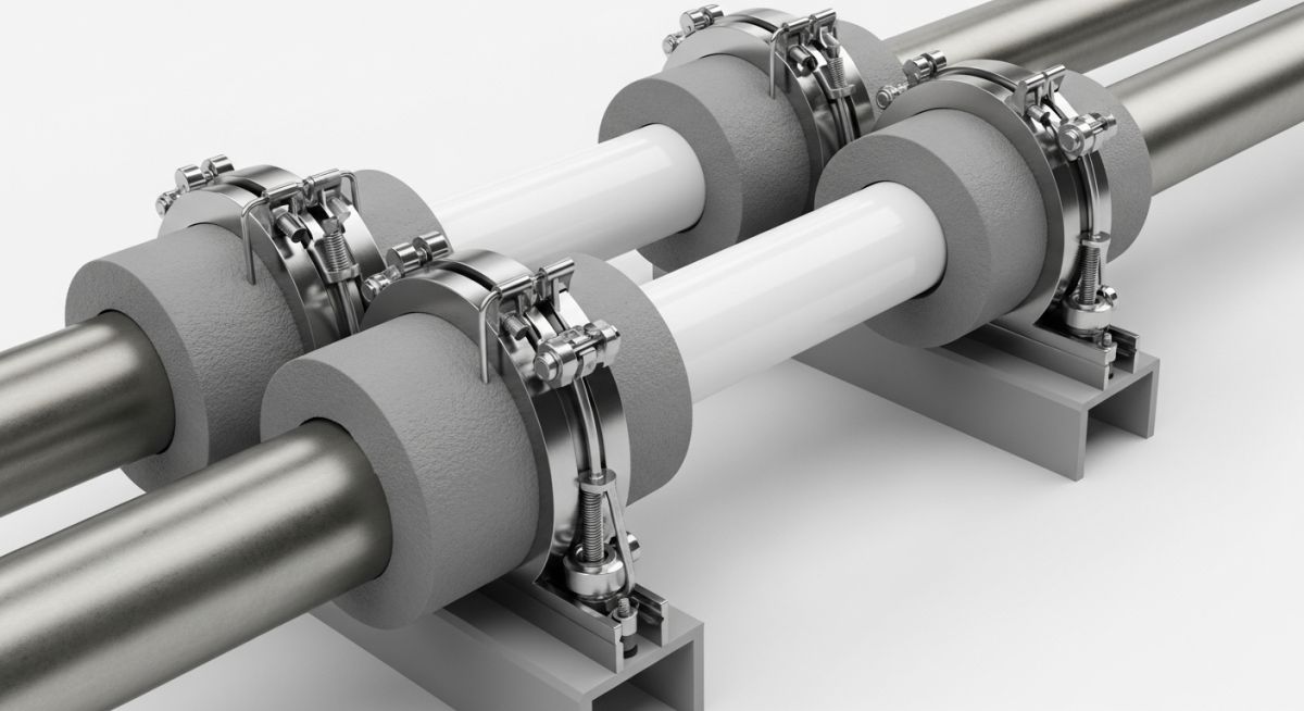 Dual insulated piping system with specialized pipe support shoes in an industrial facility.