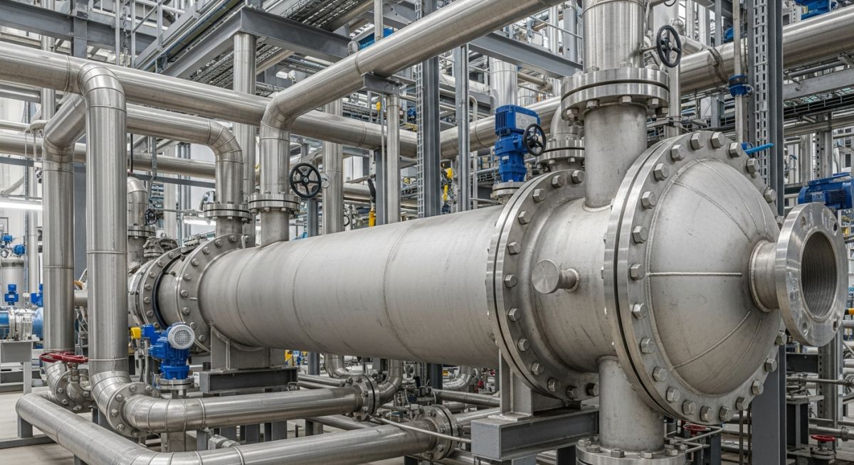 Industrial duplex stainless steel piping system in a chemical processing facility.
