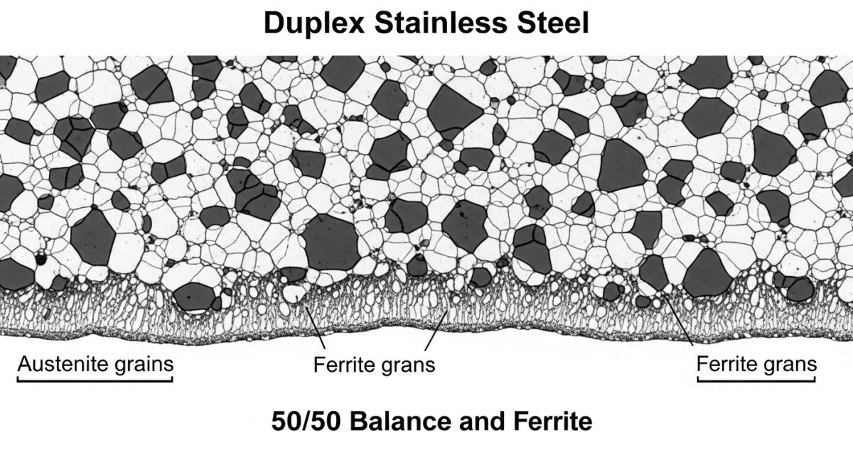 Microstructure diagram of duplex stainless steel showing austenite and ferrite phases