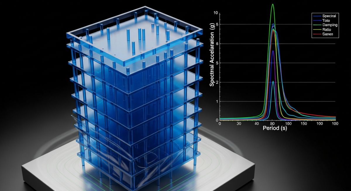 3D structural model of a building undergoing seismic simulation with a response spectrum graph overlay.
